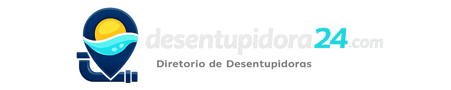 Logotipo com uma gota d’água, um sol e um cano; o texto diz “desentupidora24.com” e “Diretório de Desentupidoras” sobre um fundo claro.